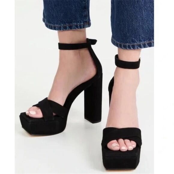 GOOD AMERICAN Black Suede Platform Sandal Block Heel‎ Square Toe Leather Size 12 - Picture 1 of 12